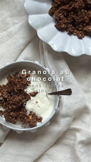 Aurélie Canzoneri on Instagram: "Granola au chocolat Sans sucre ajouté Ingrédients : •200g de flocons d’avoine (j’ai utilisé de l’avoine sans gluten) •50g de noix (amandes, cajou, noisettes, noix du Brésil…) •50g de graines (chia, courge, lin…) •2 cas d’huile d’olive •200g de compote de pommes sans sucres ajoutés •2 cas de cacao en poudre cru non sucré Option après cuisson : •30g de chocolat noir concassé Préparation : 1. Préchauffez le four à 180°C. 2. Dans un saladier, mélangez tous les ingré
