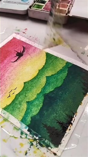 step by step watercolor scenery painting drawing easy #explore #art #paintng #mountscenery #scenery
