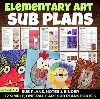 12 Elementary Art Sub Plans Bundle & Binder, One Page Lessons, Grades K-5