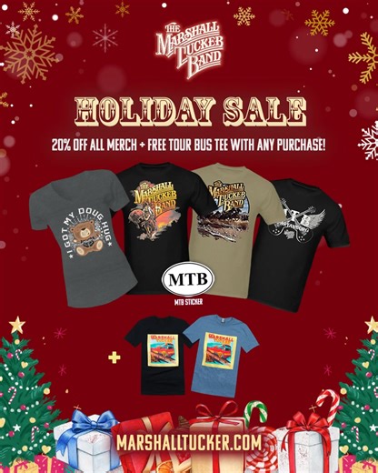 Ring in the holidays, MTB-style! Enjoy 20% OFF all merch storewide and snag a free tour bus tee with every purchase during our End-of-Year Sale. Shop now at https://store.marshalltucker.com/ | Marshall Tucker Band