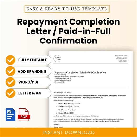 Repayment Completion Letter / Paid-in-full Confirmation Template – Word & PDF, A4 + US Letter - Etsy