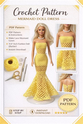 Crochet Mermaid Doll Dress Pattern, Lace Gown Tutorial (PDF Download) - Etsy