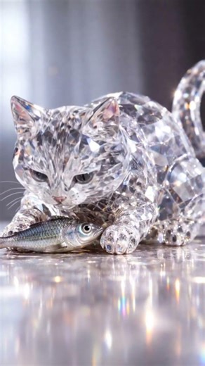 cute crystal glass cat eating a 🐟