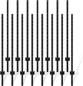 Metal Fence Post Black 4.8 Feet, Pack of 15, T Post for Wire Fence, No Dig Steel U Post Fencing for Lawn Garden Wire Mesh Fence Poles Sign Outdoor Light Duty