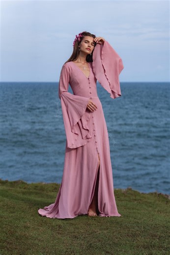 Dusty Pink Elven Dress • Bell Sleeve Boho Fairy Gown • Organic Cotton Maxi Bridesmaid Dress - Etsy Canada