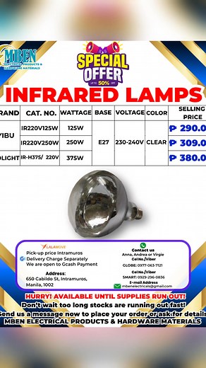 Experience powerful, focused heat with our Infrared Lamps — ideal for industrial use, workshops, drying, heating, and maintenance applications. Durable, efficient, and built for long-lasting performance. Message us to order! 🔥💡 #InfraredLamp #HeatLampPH #IndustrialLightingPH #HeatingSolutions #WorkstationLighting #ElectricalSuppliesPH #HardwareStorePH #EnergyEfficientLighting #MBENElectrical #fypシ | Mben Electrical Products & Hardware Materials