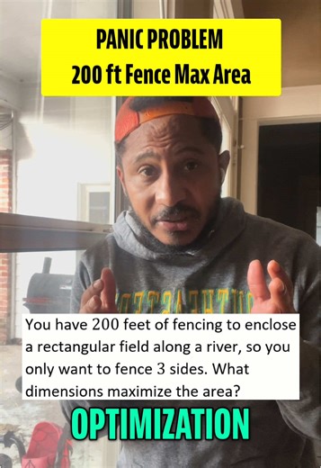 Perimeter fixed but you only fence 3 sides, so the setup matters. Drop the dimensions that maximize area in the comments. Save and share, and follow for more Calc panic problems. #calculus #optimization #derivatives #mathhelp #collegemath