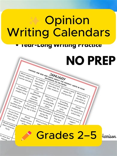 Daily opinion writing doesn’t have to be stressful ✨ These Grades 2–5 Opinion Writing Prompt Calendars make writing consistent, clear, and no-prep — all year long. Build writing habits, not burnout 📘 Link in bio 👆 #TeacherTok #OpinionWriting #ElementaryWriting #WritingWorkshop #TPTSeller #NoPrepTeachers #UpperElementary #TeachingIdeas