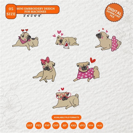 Valentine Pug Embroidery Design: Holiday Sausage Dogs (digital File) , Valentine Machine Embroidery File, Digital Download DST PES JEF - Etsy