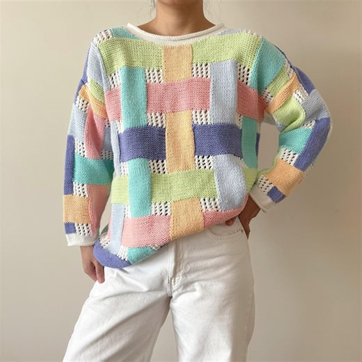 Vintage Sweater Pullover Unisex Gender Neutral Sweater Pastel Woven 80s 90s Retro Vintage Style Rainbow Ramie Cotton Size M/L - Etsy
