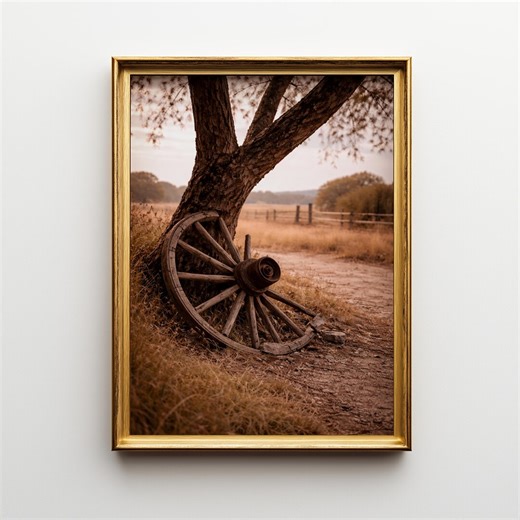 Rustic Wagon Wheel Wall Art Printable, Vintage Farmhouse Decor, Western Country Landscape, Old Wagon Wheel Print, Digital Download - Etsy