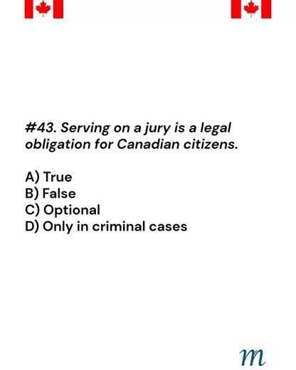 🇨🇦Canadian Citizenship Test Practice Questions — Section 1: Rights and Responsibilities of Citizenship Question No. 43 🇨🇦 Ready to become a Canadian citizen? Start with Section 1: Rights and Responsibilities of Citizenship — your first step to success! This video covers essential practice questions designed to prepare you thoroughly and boost your confidence. Whether you're reviewing or just starting out, this is a must-watch. 💪 🎯 Don’t forget to like, comment, subscribe, and hit follow fo