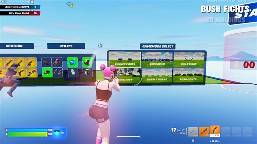 Practice every type Zero Build 1v1 all in one map, 6 different game modes with two unique ways to play. Swap anytime, no rounds, no wait⚔️1v1 Mode: both players spawn on opposite sides of a barrier that drops after a 5-second countdown🏃FFA Mode: nonstop fighting with instant respawns around the map, no barrier, no countdown