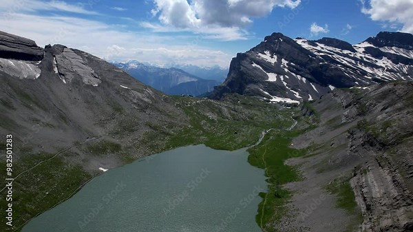 Idyllic Swiss nature scenery. Gemmipass and Daubensee mountain lake. popular for hiking activities in Switzerland, Valais canton, aerial high angle view