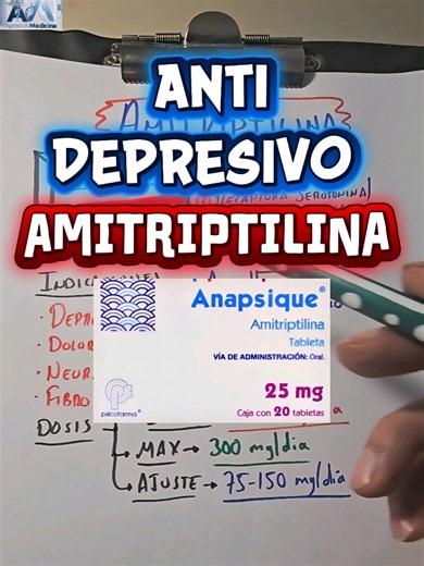 💊🧠 Amitriptilina ⚙️ Antidepresivo tricíclico utilizado para depresión, dolor neuropático y prevención de migraña. 🔬 Mecanismo de acción: 🧪 Inhibe la recaptura de serotonina y noradrenalina. 🧠 Potencia las vías inhibidoras del dolor en el sistema nervioso central. 📌 Indicaciones: 😊 Depresión. 🔥 Dolor neuropático. 🦠 Neuralgia postherpética. 🍬 Neuropatía diabética. 🤕 Prevención de migraña. 💪 Fibromialgia. 🧠 Cefalea tensional crónica. 💉 Dosis: ▶️ Inicio: 10-25 mg por la noche. 📈 Ajust