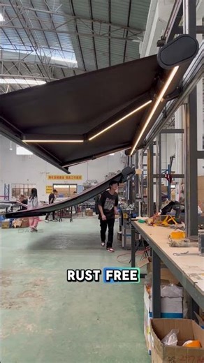 Modern aluminum alloy electric awning, remote control for retraction, LED lighting.