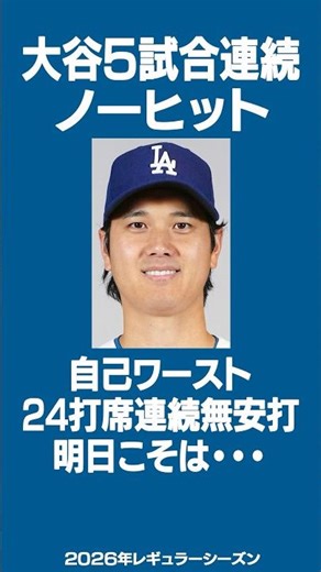 【悲報】大谷翔平5試合連続ノーヒット😭自己ワースト24打席連続無安打💦💦 #大谷翔平 #ドジャース #山本由伸 #アストロズ #村上宗隆 #ホワイトソックス