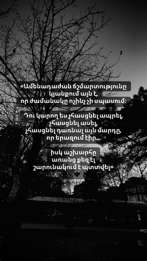 Մաս 81 🩶👉Տեքստի խորքը այն է, որ մարդը միշտ մտածում է՝ «հասցնելու եմ», «դեռ ժամանակ կա», «մի օր կսկսեմ»… Բայց ժամանակը չի կանգնում, չի սպասում քո պատրաստ լինելուն։ Դու կարող ես հետաձգել ապրելը, խոստովանելը, փորձելը, դառնալը… իսկ աշխարհը քո ներքին պայքարներից անկախ շարունակում է իր ընթացքը։ Վերջի տողերը ամենածանրն են՝ աշխարհը առանց քեզ էլ պտտվում է։ Այսինքն՝ դու փոխարինելի ես աշխարհի համար, բայց քո չապրած կյանքը՝ միայն քեզ համար է կորուստ։ Սա տխրություն չէ միայն։ Սա զգուշացում է՝ չհետաձգել ապրել