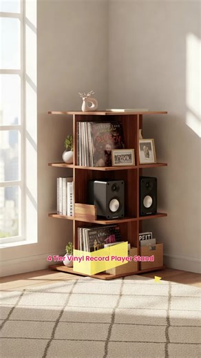 4 Tier Record Player Stand, 360°Rotating Record Player Stand, Large Record Player Table Cabinet with Open Vinyl Storage & Display Shelf, Record Storage Turntable Stand for Living Room