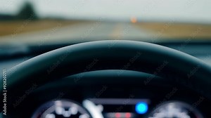 Blurred background emphasizes speed of car on empty highway, creating sense of motion and adventure. Driver's view shows steering wheel and windshield, highlighting journey ahead
