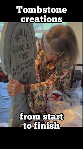 Making tombstones from start to finish. 1. Foam boarding, cut w/ box cutter 2. Cricut patterns, use router to outline design 3. Sand paper foam by hand 4. Heat the board carefully for agin 5. Paint gray with Kiln masonry & brick paint 6. Paint black (acrylic) in router design 7. Paint gray, green to add aging to boards 8. If using bases, mark locations to stick in toothpicks on base and tombstone 9. Glue on connecting flats & in holes, gently connect, dry standing up 10. Stick ~4” duct tape toge