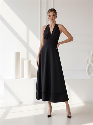 Black Cocktail Dress With Open Back — Halter Neck Midi Dress - Etsy Australia