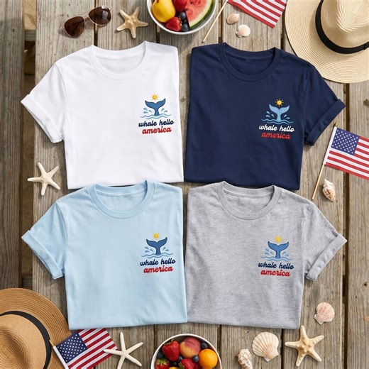 Whale Hello America T-shirt, Embroidered Whale Tail Shirt, Patriotic Sea Life Tee, Nautical USA Apparel, Summer Beach Gift, Cute Whale Tee - Etsy