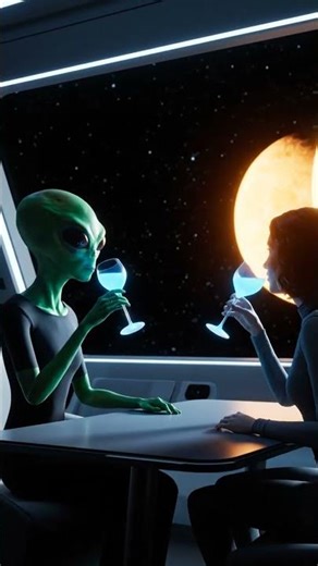 Alien and human sip glowing drinks, gazing at twin suns beyond the space window.