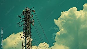 Tall power line tower against a dramatic sky with large clouds, symbolizing energy infrastructure and connectivity in a natural setting
