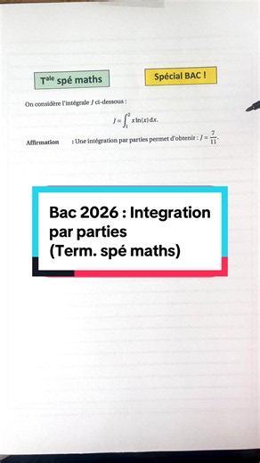 L’intégration par parties fait clairement partie des méthodes à maîtriser en Terminale spécialité maths. Et ce type d’exercice est tombé au Bac 2025 🎯 Beaucoup d’élèves connaissent la formule… mais perdent des points parce qu’ils ne savent pas quand ni comment l’utiliser correctement. 👉 reconnaître la bonne forme 👉 choisir les bonnes fonctions 👉 rédiger proprement les étapes Ce sont exactement les réflexes attendus au Bac. Pour recevoir gratuitement mes fiches de Terminale spé maths : ✅ abon