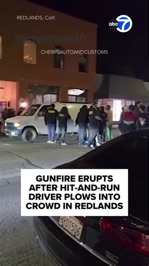 Gunfire erupted after a person involved in a fight got into a car and plowed into a crowd of people standing on the street outside a Redlands bar, authorities say. https://abc7.com/18644410/ The violent collision was captured on video by at least one bystander, whose footage also recorded the sound of gunfire after the crash. | ABC7