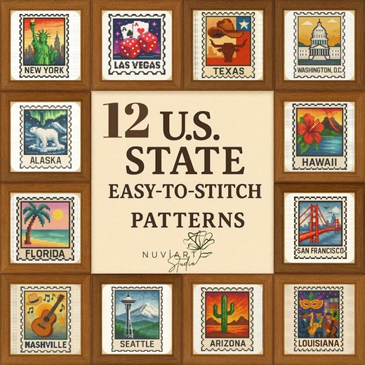 12 State Cross Stitch Designs Stamp Style | PDF Pattern Set | USA Travel Embroidery Download - Etsy