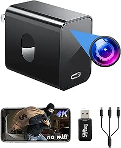 QETATIY 4K Hidden Camera Charger, Spy Camera Charger, Nanny Cam Hidden Camera with 160° Wide Angle, Night Version, Motion Detection, Body Cam for Home Security（no WiFi/Remote