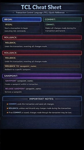 TCL cheat sheet for SQL commands #sql #dbms
