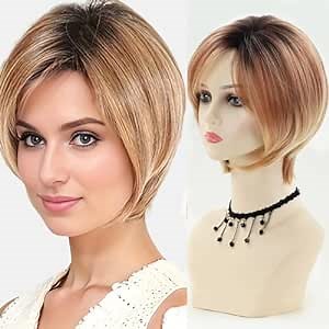 Short Blonde Pixie Bob Wigs for White Women Layered Ombre Strawberry Blonde Bob Wigs with Highlights for Women Synthetic Hair Wig with Dark Roots Short Hair Wigs for Women Natural Looking