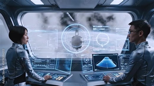 Orbital crew monitors planetary data, Scientists inside ship analyzing earth scan images, Crew members at orbital station diligently examining planetary scans and coordinating trajectory data