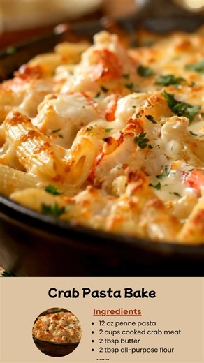 Crab Pasta Bake Looking for the ultimate comfort food with a seafood twist? This creamy, cheesy crab pasta bake will have everyone coming back for seconds! Ingredients: 12 oz penne pasta (or your favorite pasta) 2 cups cooked crab meat (fresh or imitation) 2 tbsp butter 2 tbsp all-purpose flour 2 cups milk 1 cup heavy cream 1 ½ cups shredded mozzarella cheese ½ cup grated Parmesan cheese 2 cloves garlic, minced 1 tsp Old Bay seasoning (or paprika) Salt and black pepper, to taste Fresh parsley, c