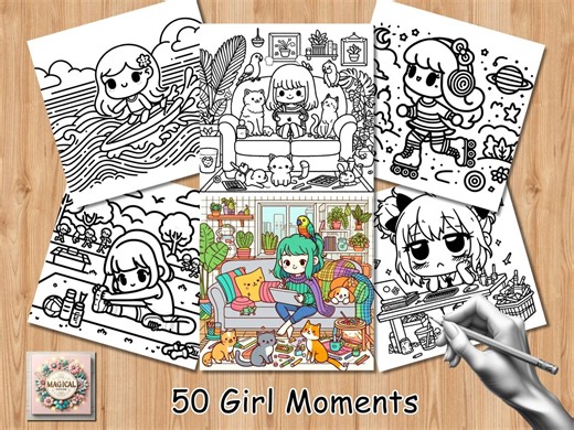 Bold and easy coloring Pages, cute kawaii Girl Moments Spring coloring Book, Cozy forest Life Coloring, relaxing activity for adults & kids