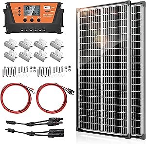 Bifacial 200W Solar Panels Kit Solar Panel with 30A PWM Charge Controller A+ Cell Cables Connectors Brackets Y Branch Adapter Cable for RV Boats Battery Marine Home Outdoor Off-Grid System