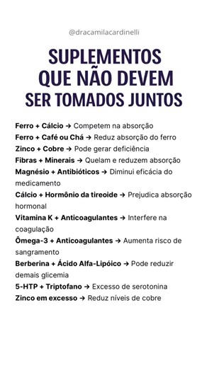 Dra Camila Cardinelli on Instagram: "O problema, na maioria das vezes, não é “misturar” suplementos, é misturar sem entender dose, horário, forma e contexto clínico. Na saúde de precisão, a pergunta não é “pode ou não pode?”. É: para quem, em qual dose, em que horário e com qual objetivo? Algumas interações são principalmente por competição de absorção. Ferro e cálcio, por exemplo: quando o cálcio é ingerido em doses acima de aproximadamente 300 a 500 mg no mesmo horário, pode reduzir de forma s