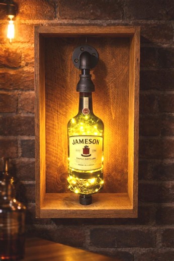 Jameson Bottle Wall Lamp – Rustic Wood Whiskey Light – Industrial Pipe Bar Decor – LED Bottle Lamp With Remote – Handmade Man Cave Lighting - Etsy