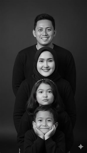 #GEMINI #AI Cara edit foto di gemini AI : 1. Buka apk google gemini 2. Pilih icon ( ) 3. Masukkan foto yang ingin kamu edit 4. Salin prompt berikut : Ubah foto ini hitam putih bergaya studio dengan latar belakang polos gelap. 4 orang berpose bertumpuk secara vertikal: suami di atas, istri di bawahnya, anak kecil perempuan di bawahnya, dan anak bayi laki laki mereka dipaling bawah. Mereka semua mengenakan sweater hitam senada. Masing-masing membuat pose lucu: suami senyum ceria, istri menutup sal