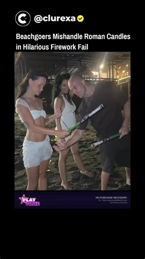 Clurexa on Instagram: "The post shares a 35-second video of beachgoers in swimwear mishandling roman candle fireworks by holding them backwards, resulting in flames shooting inwards and causing panic amid New Year's celebrations. Uploaded hours after a Swiss ski resort bar fire—sparked by champagne sparklers that killed 40 and injured over 100—the clip has drawn 2.9 million views, with replies split between amusement and accusations of poor taste. Engagement reflects viral appeal of fail videos,