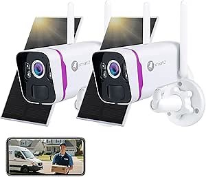 xmartO 2-Pack 100% Wire-Free 4MP HD Solar Security Camera Wireless for Home Surveillance (All-Weather Solar Charge, AI Motion Detection, Spot Light and Siren, SD, NVR & Cloud Storage)