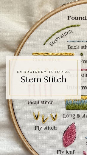 Tatum — Hand Embroidery on Instagram: "Stem Stitch Tutorial 🪡 Helpful Information: ☼ I'm using three strands of embroidery floss for this, but you can use however many strands you'd like! ☼ When you're done with this stitch, secure your thread and trim off the excess. I shared a video on how to do this earlier — go to my profile to watch it! ☼ This kit is available for PRE-ORDER on my website so you can stitch along with me. Written Directions: 1: Bring your needle up through the fabric 