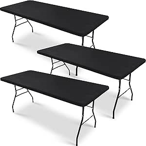 Oudain 3 Pcs Plastic Picnic Table Cover Checkered Tablecloth Fitted Rectangular Table Cloth 30 x 72 Inch Vinyl Waterproof Flannel Backed with Elastic Rim for Indoor Outdoor Picnic Party(Black)