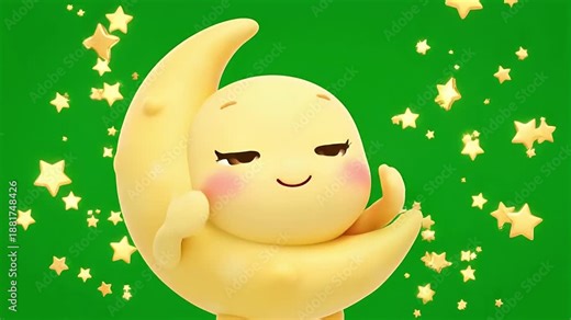 Sweet animated crescent moon character yawns and wakes up happily with falling stars.