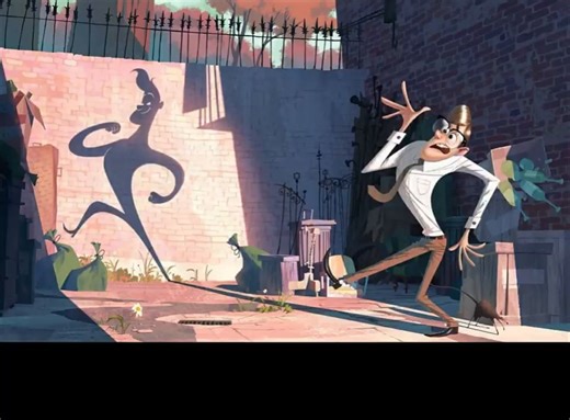 Artist: Chris Brock Movie: Me and My Shadow (scrapped Dreamworks project) Source: https://www.instagram.com/p/CHB2K1vjTw4/ Something great about this piece is how it balances its two focal points (shadow and the man). My eye was drawn to the shadow man first (he and the area around him are very high contrast, and the glow along the edge of the shadow from the building really makes it sing) and then to the human man who is also supported with strong contrast. I also really love the shape design i