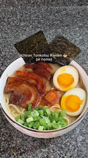 Ashley ♡ on Instagram: "How to make Ichiran Tonkotsu Ramen at home (the easy way) 🍜 🍜INGREDIENTS🍜 • Ichiran instant ramen (can be found in my highlights or my tiktok) • 4 oz pork belly - 2 tbsp soy sauce - 1 tsp sugar TOPPINGS • soy marinated egg (recipe coming soon) • green onions • nori #ramen #ichiranramen #ramenrecipe #tonkotsuramen #homecooking"