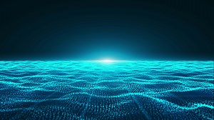 Blue abstract digital particle waves with sunset background.  Hi technology landscape movement screensaver. 4K 3840x2160, 60fps, seamless animation.